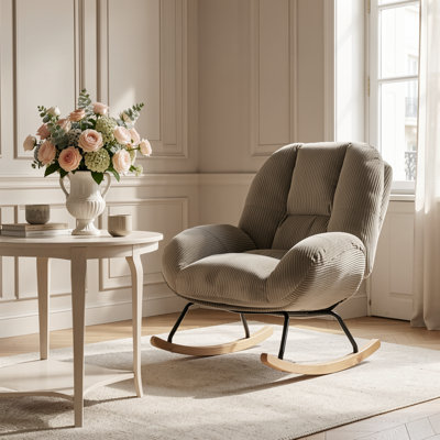 Mid-Century Corduroy Upholstered Rocking Chair with Memory Foam Cushion Solid Wood Leg for Living Room by Hashtag Home