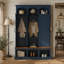 Arbre de vestibule arqué classique avec 3 rangements cachés, 5 crochets et banc en noyer, bleu-1762995201
