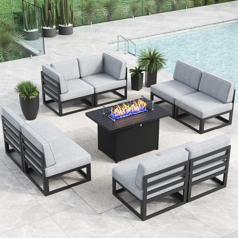 Ensemble modulaire d'extérieur 9 pièces avec table de feu 9 pièces, Gris