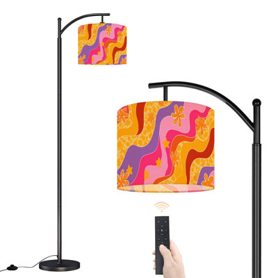 Arc Floor Lamp with Adjustable Lampshade Curvy Psychedelic Y2K 70s Diagonal Flowers Fun Funky Retro Stationary Standing Lamp 3 Color Temperatures Dimmable Tall Pole Lamp with Foot Switch for Bedroom