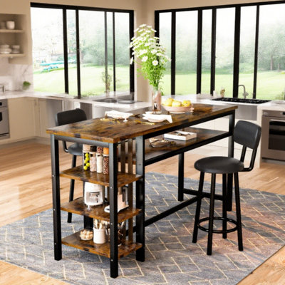 Bar Table Set For 2 With 4 Storage Shelves, 47" Industrial Breakfast Table And 2 Upholstered  Counter Stools W/ Backrest And Footrest, 3-Piece Dining Set For 2, Space Saving Bar Height Table And Chairs For Kitchen,Dining Room, Living Room, Studio, Pub