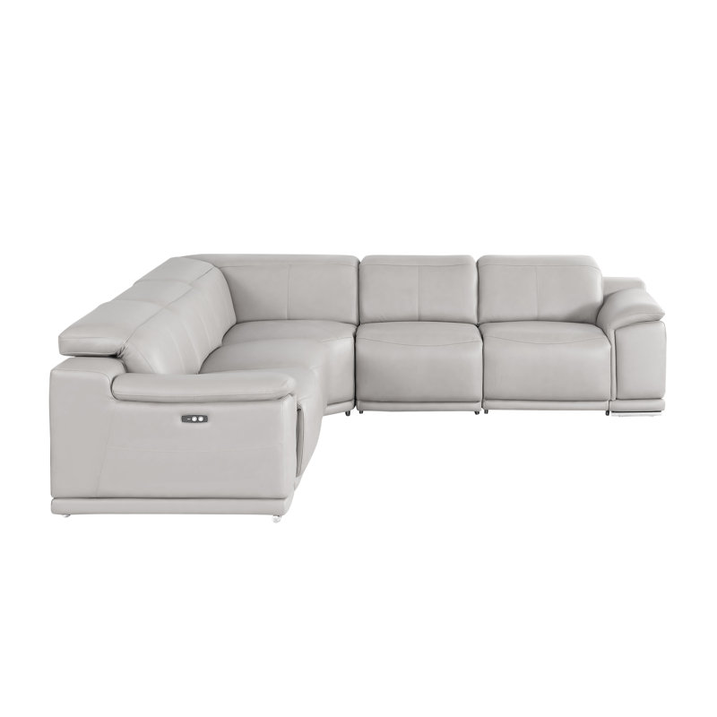 5-Piece L-Shaped Power Reclining Sectional In Genuine Leather – 3 Recliners, Light Gray Top Grain Leather