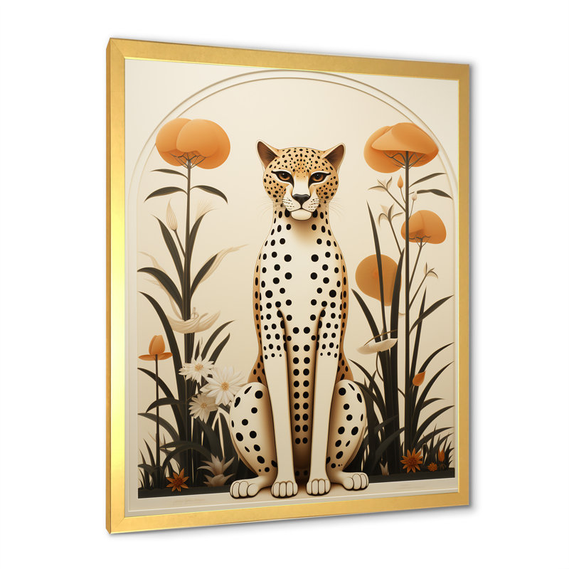 Guépard beige et vert du milieu du siècle - Art mural guépard, Cadre doré simple, H 44 po x l 34 po x P 1,5 po