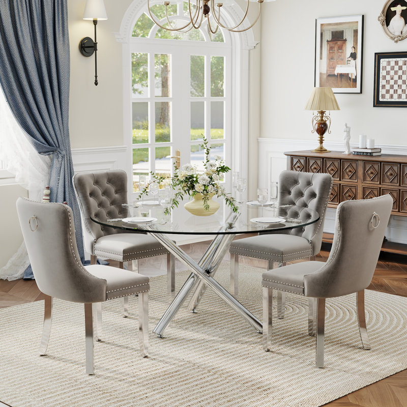 5-Piece Modern Round Pedestal Dining Set with Velvet Tufted Dining Chair for Dining Room and Living Room, Gray, Silver