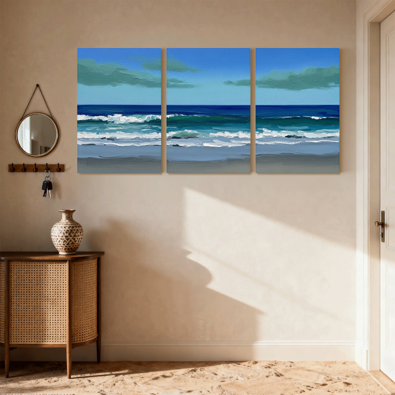Nautique et plage, océan, vagues, ciel, nuages, plage, sable, eau, ensemble de 3 impressions sur toile, H 30 po x l 60 po