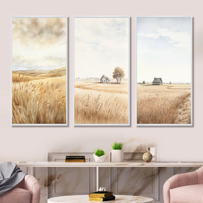 Prairie beauté dévoilée - ensemble de 3 impressions sur toile prairies, Cadre flottant blanc, H 40 po x l 60 po