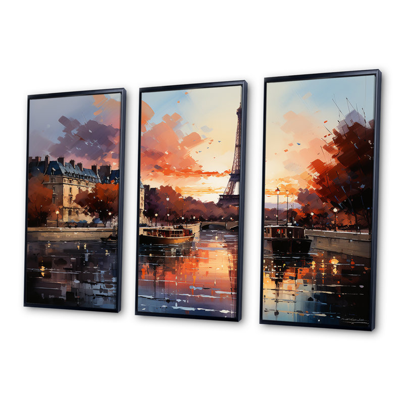 Automne, Paris, coucher de soleil sur la tour Eiffel - Art mural de la ville de Paris, Cadre flottant noir, H 28 po x l 36 po