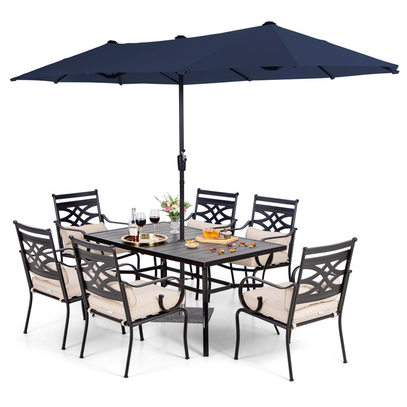 Aivo 6 - Person Rectangular Outdoor Patio Dining Set with Umbrella, Cushions & Pillows, Navy Blue