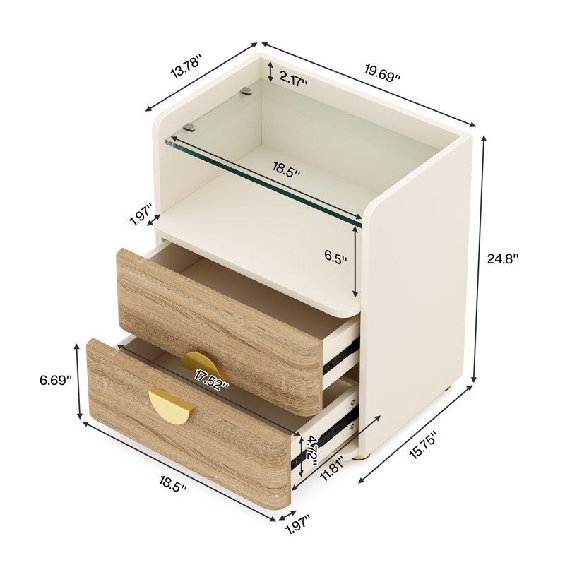 Table de chevet 2 tiroirs en beige, 1, Blanc cassé