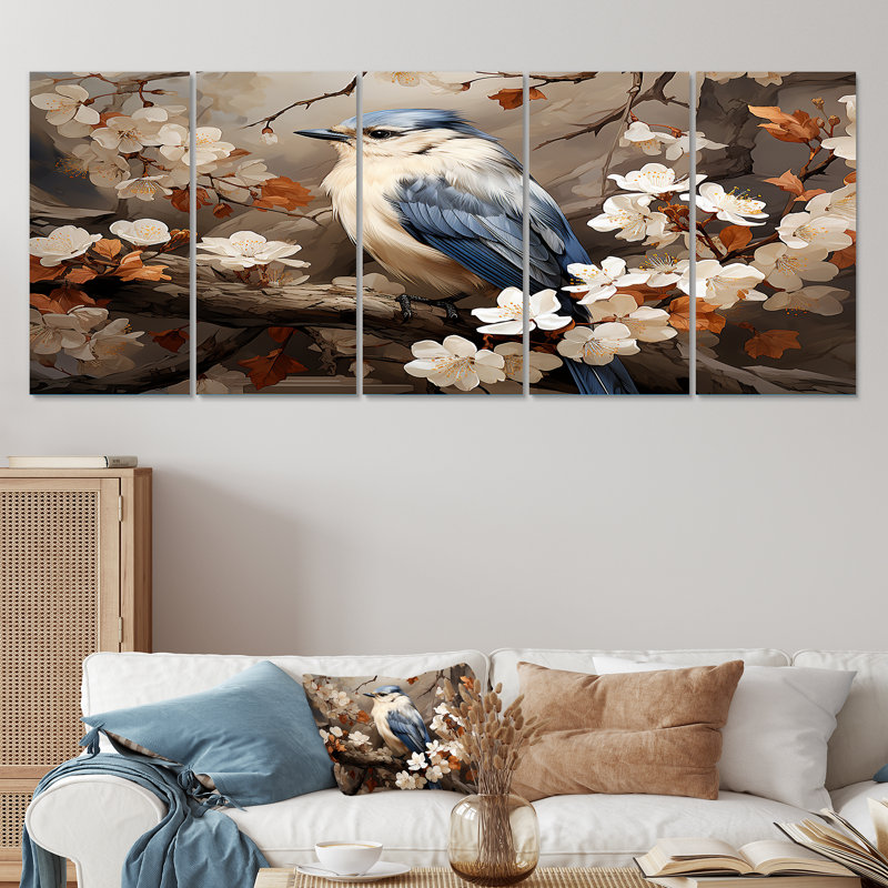 «Blue Floral Ethereal Bird - Bird», ensemble de 5 pièces d'art mural, H 32 po x l 80 po