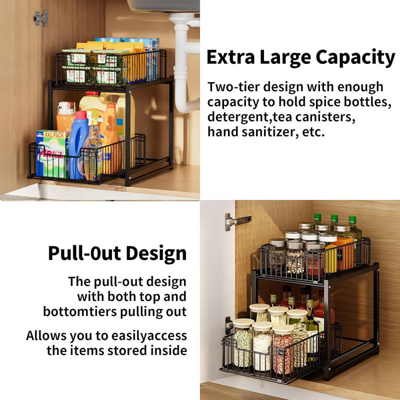 Organisateur sous l'évier, organisateur d'armoire coulissant à 2 niveaux, organisateur de salle de bain et rangement pour la cuisine, étagère à épices pour la cuisine, tablettes coulissantes multi-usage (paquet de 1)