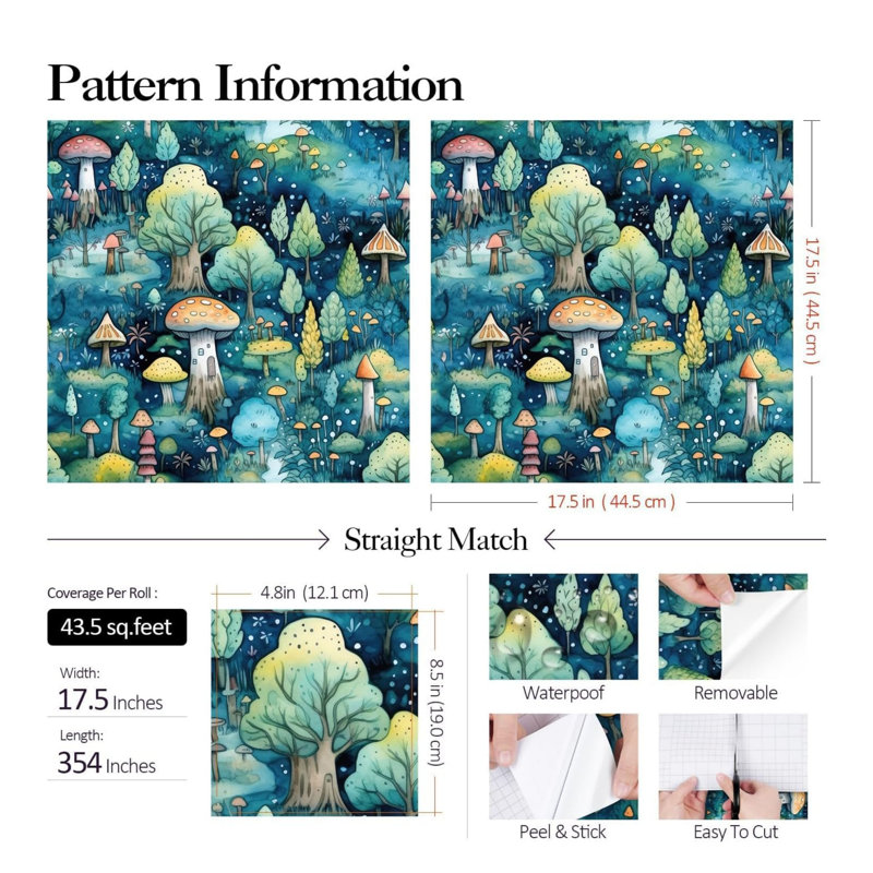 44.5 CM x 9 M Green Blue Leaf Wallpaper Self Adhesive Mushroom Wallpapers Boho Whimsical Forest