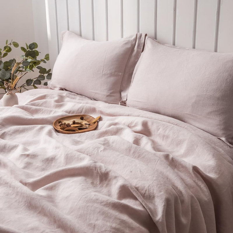 100% French Linen Pillowcase Set Of 2, Pure Flax Pillow Covers With Embroidered, Dusty Pink, King Pillowcase