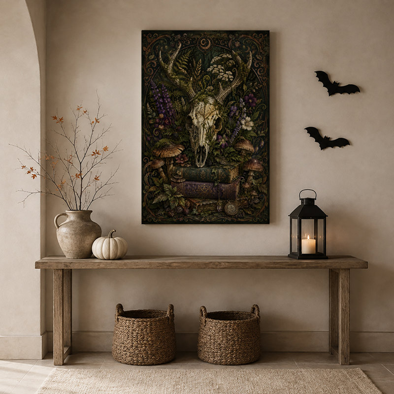 Art mural sur toile, crâne de cerf blanc avec bois et champignons sur Halloween, 30"H x 20"W