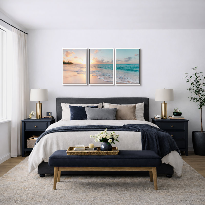 «Coastal Beach», «Esthétique coucher de soleil sur un rivage bleu sarcelle», images murales nautiques modernes et vibrantes, grand ensemble de 3 impressions sur toile encadrées, 16 po x 24 po x 3 pièces, 24 po x 36 po x 3 pièces, 20 po x 60 po x 3