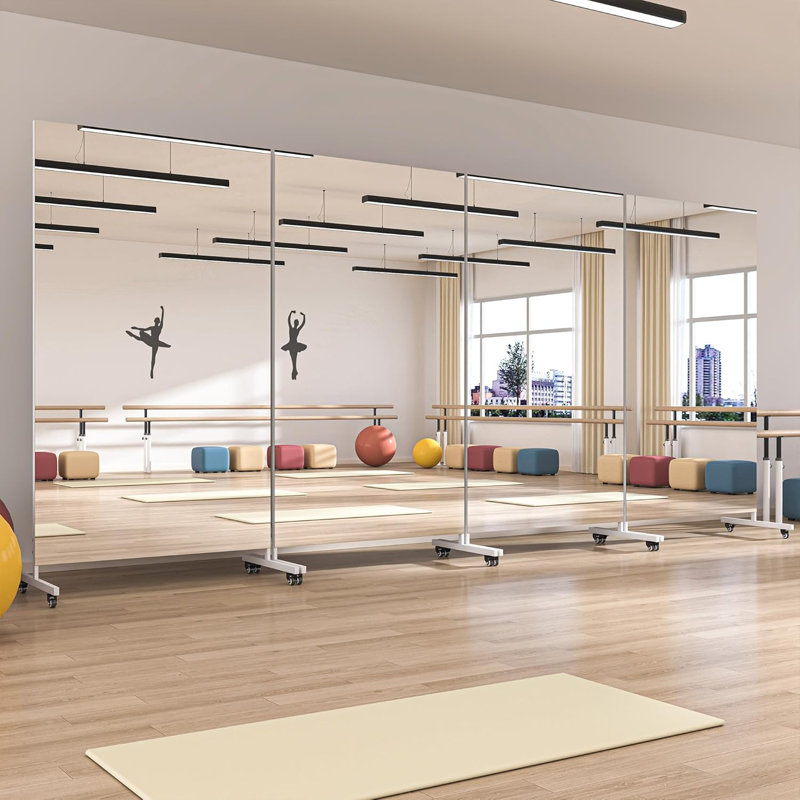 Home Gym Mirror 360° Swivel on Wheels,Extra Large Full Body Rolling Mirror, Tempered Glass Easy to Move Full Length Mirror for Yoga Studio, Bedroom, Dancing Studio 3-Year Warranty