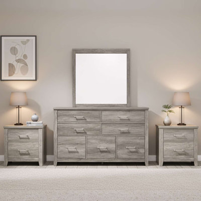 Ensemble de rangement de chambre à coucher 4 pièces avec commode grise patinée, miroir et deux tables de chevet assorties
