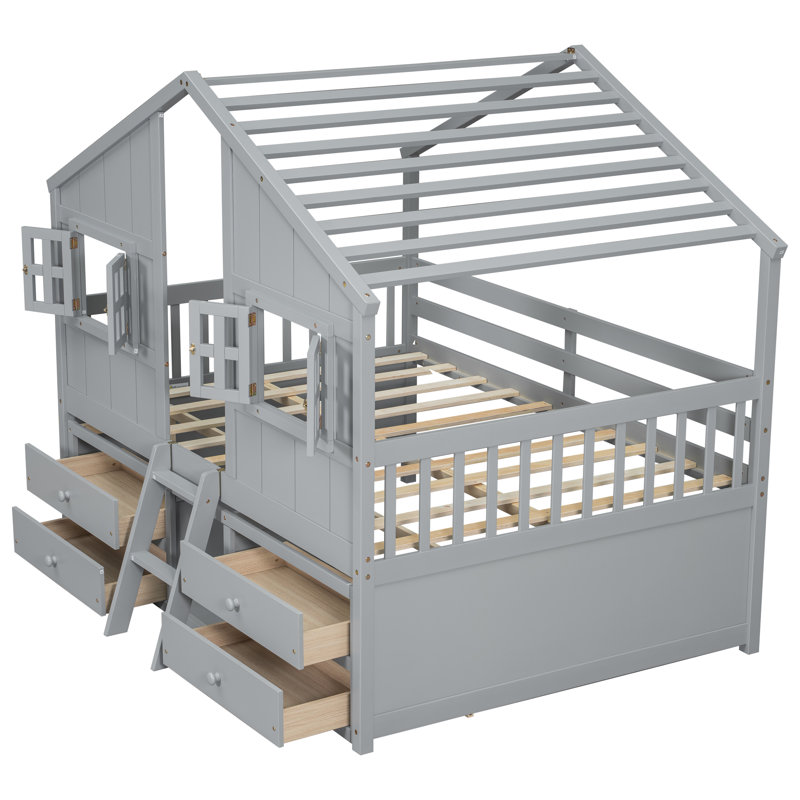 Lit mezzanine double en bois massif avec tiroirs de rangement et garde-corps Ahleah, gris