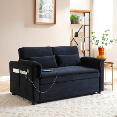 55" Velvet Two Seater Pull Out Sofa Bed, Adjustable Backrest With  Usb Ports, Two Side Pockets, 3 In 1 Convertible Sleeper Sofa Bed