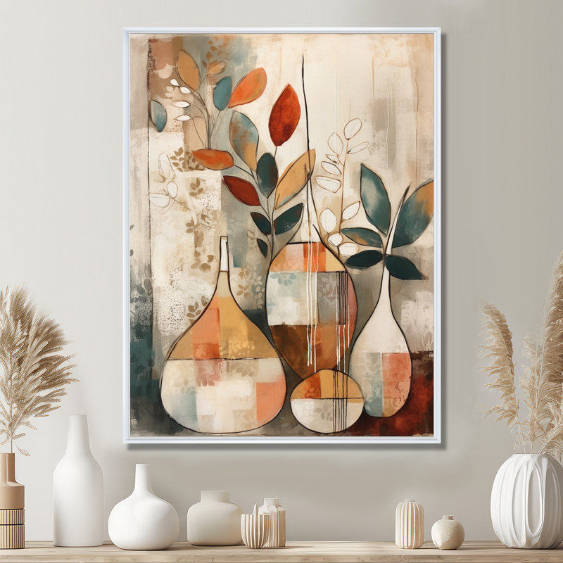 Ruhani vert et beige canalisant les vibrations bohémiennes sur toile, H 20 po x l 12 po, Cadre flottant blanc