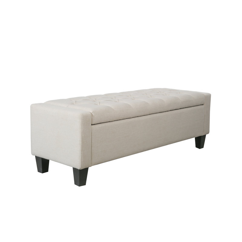 Beige Fabric Button Tufted Storage Bench with Hinged Lid