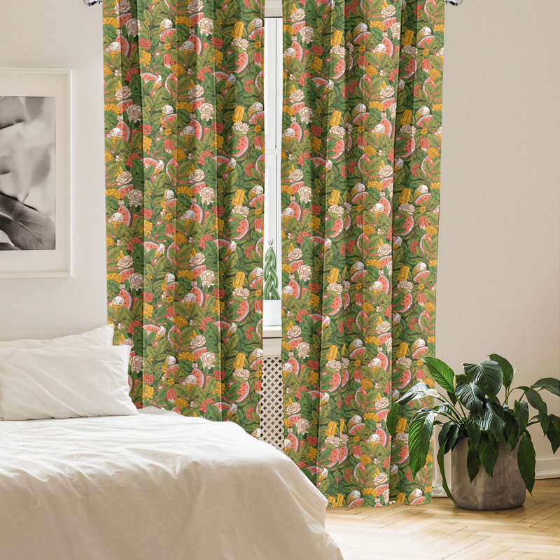 East Urban Home Tropical 4-Panel Curtains, Ice Cream Watermelon Leaf, Earth Yellow Olive Green, 56" W x 84" L