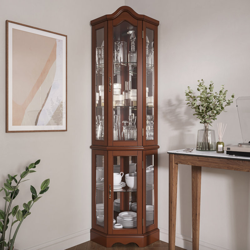 Vitrine de coin éclairée en angle avec 5 tablettes en noyer