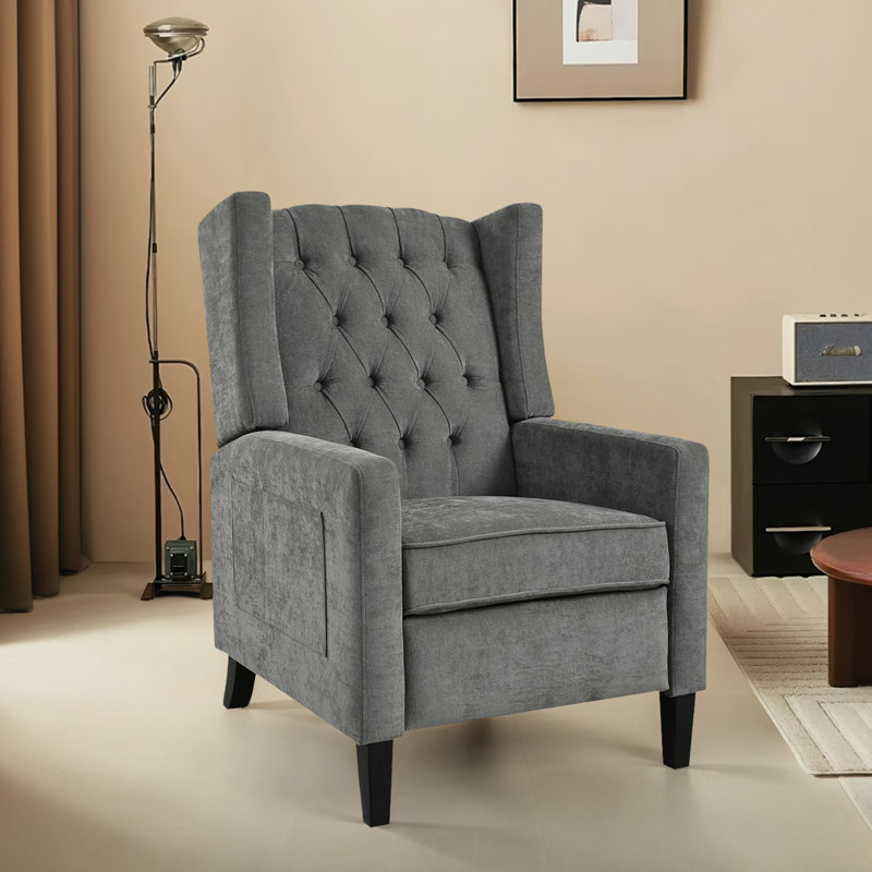 Adjustable Wingback Recliner With Button-Tufted Design | USB Charging & Space-Saving Foldable Side Table, Gray