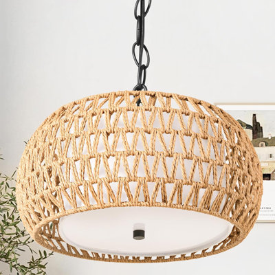 Lustre de maison de campagne en rotin avec osier à 2 niveaux et abat-jour en tissu, luminaire suspendu tambour Boho avec chaîne réglable, lustre panier tissé à la main pour la salle à manger, la cuisine, le salon
