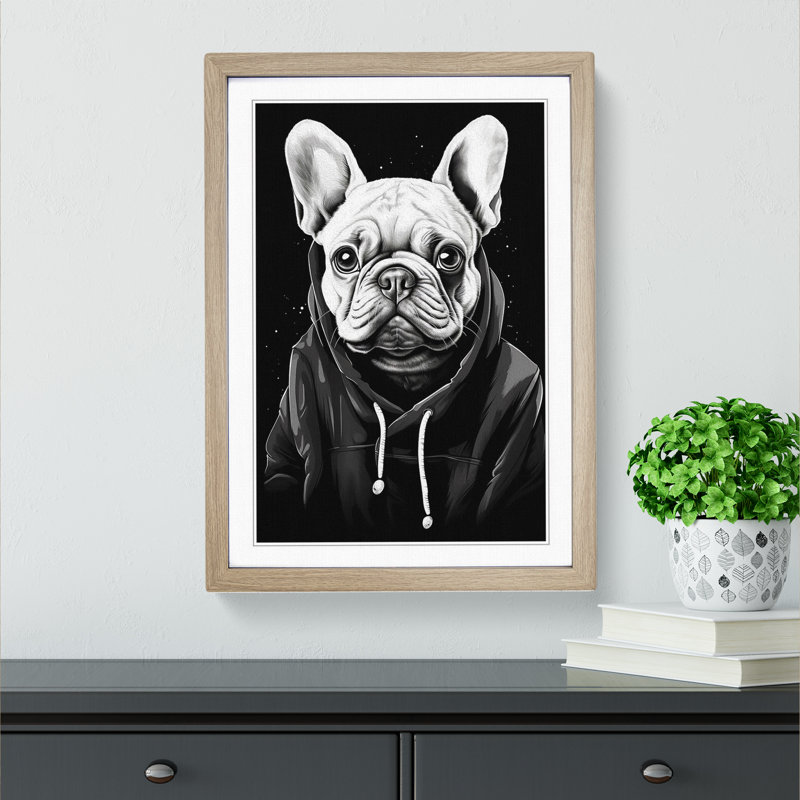 French Bulldog Line - Single Picture Frame Print on Wood, 34cm H x 25cm W x 2cm D, Oak