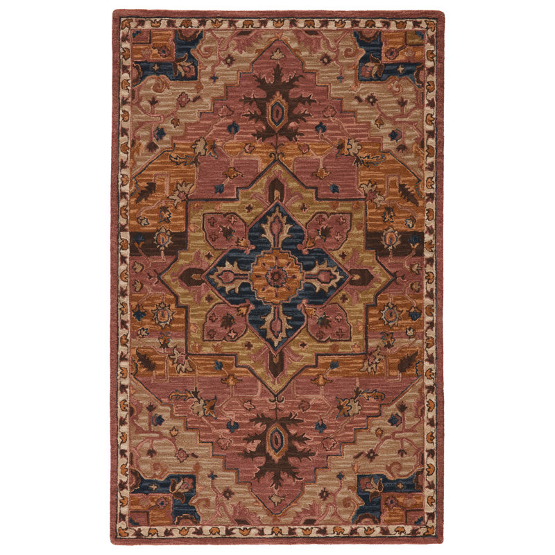 Tapis oriental bleu foncé / brun / rose en laine touffeté à la main Murphie, Rectangle 9 pi x 12 pi