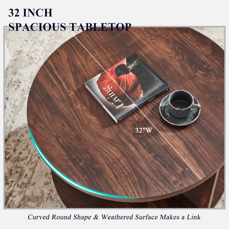 Round Coffee Table with 4 Open Compartments for Storage, Dark Walnut
