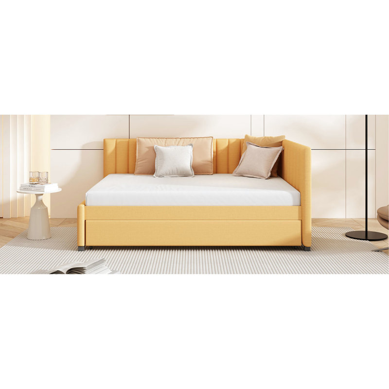 Yellow Linen Daybed With Trundle, Robust Construction, No Box Spring Needed For A Practical Bedroom Setup Convertible Trundle Function, Spring, Strong Wood Frame Multifunctional Spaces
