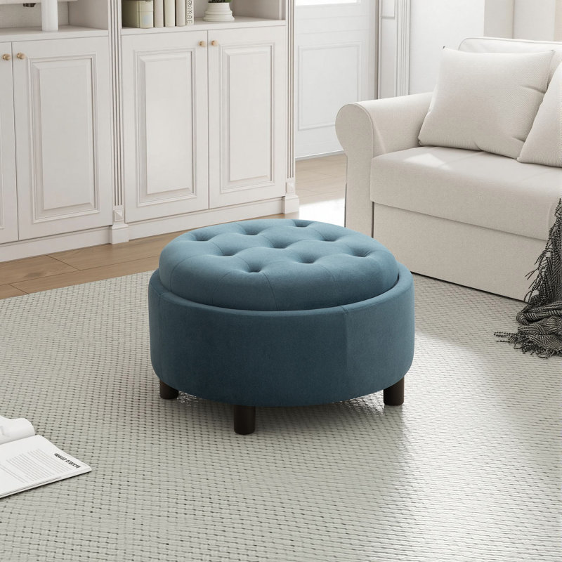 Repose-pieds rembourré rond avec couvercle réversible, Bleu