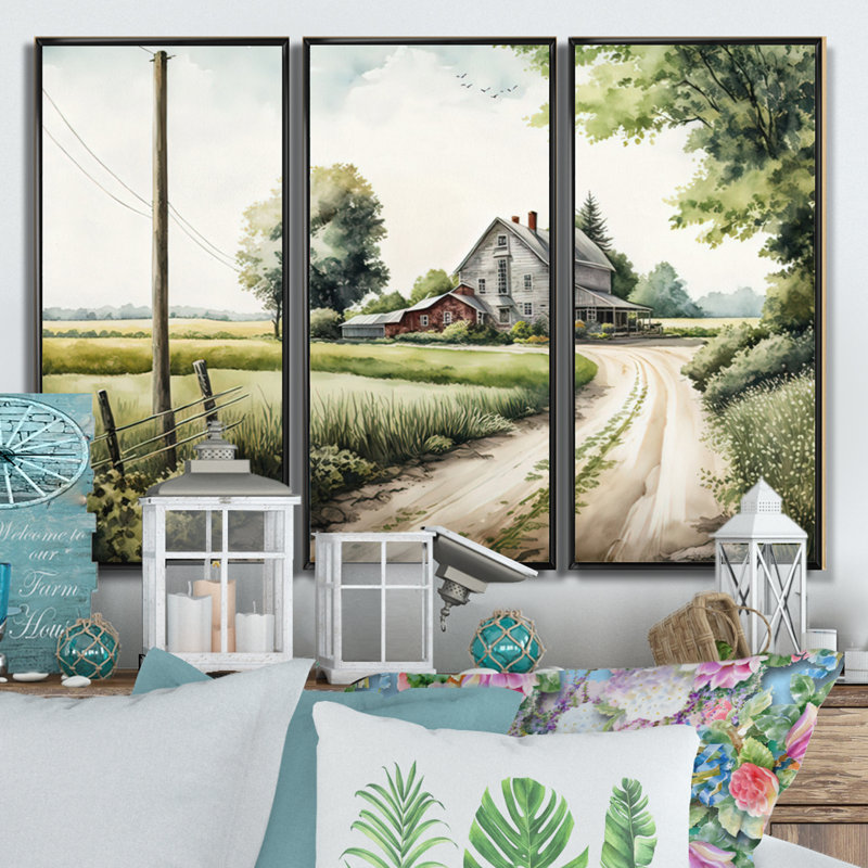 «Beautiful Barn In Spring V», ensemble d'art mural sur toile, Cadre noir, H 28 po x l 36 po x P 1 po