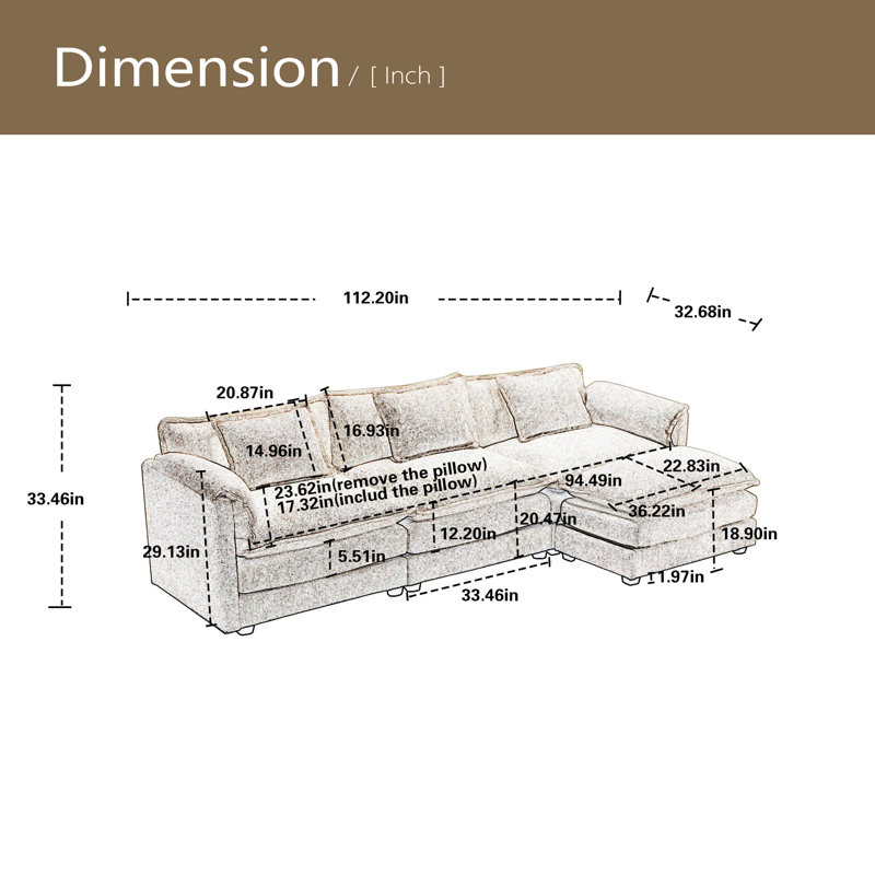 Canapé-lit modulaire surdimensionné de 112 po pour le salon, canapé en L en chenille moderne, canapé-lit modulaire confortable avec repose-pieds mobile