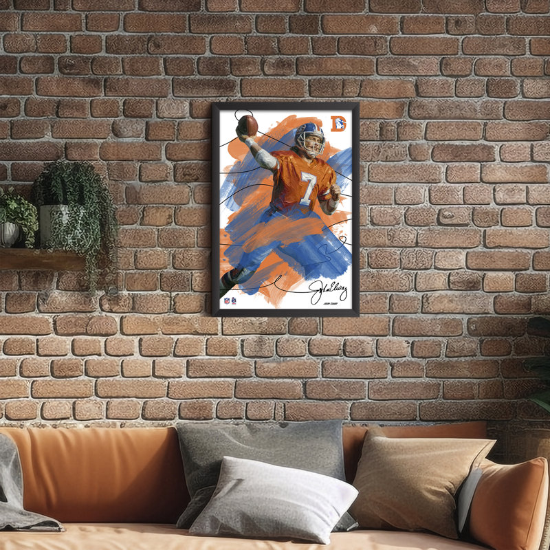 Sporticulture NFL Denver Broncos John Elway 07 Tableau encadré effet coup de pinceau, Affiche de légende du football américain, Décoration murale, 51 x 63,5 cm