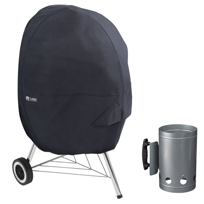 30" Black Water-Resistant Kettle Grill Cover with Chimney