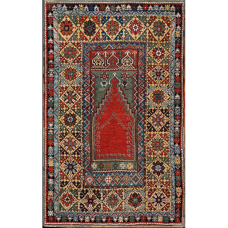 1860s Red Rust Islamic Turkish Anatolian Mujur Prayer Rug 3'7"x5'8" Wool Carpet