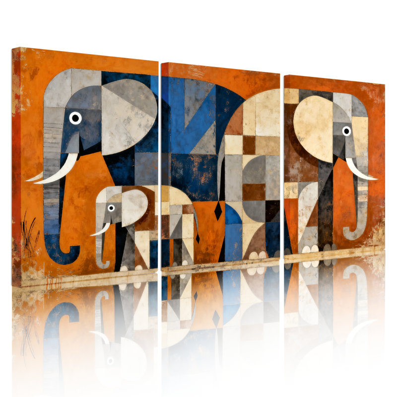 Motif géométrique d'éléphant, reproduction d'art sur toile tendue sur toile abstraite (ensemble de 3), H 30 po x l 60 po