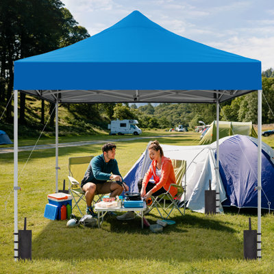 Tente à auvent escamotable 10X10 avec 3 hauteurs réglables, tente d'extérieur avec abri de jardin, tentes de patio avec sacs de sable et sac de transport de roues pour le camping, les fêtes, les événements extérieurs - bleu