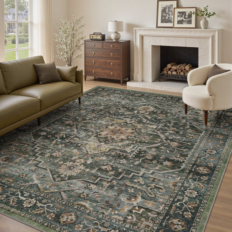 Soft Vintage Machine Washable Green Floral Area Rug With Non-Slip Backing