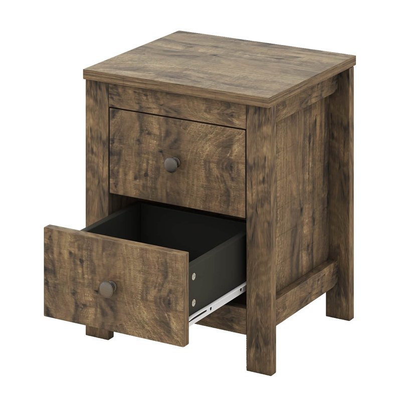 Grand lit plateforme avec 2 lumières de chevet et table de chevet 2 tiroirs, Noyer antique