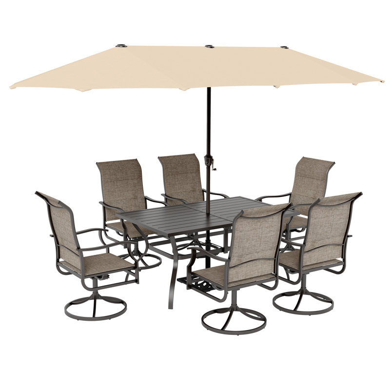 8pcs Rectangle Outdoor Patio Dining Set With Umbrella, Beige