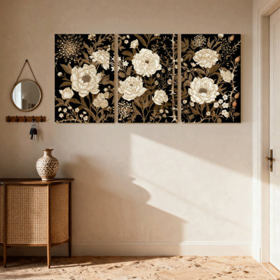 Ensemble de 3 impressions sur toile à motif de paysages urbains et urbains sur fond noir avec fleurs crème