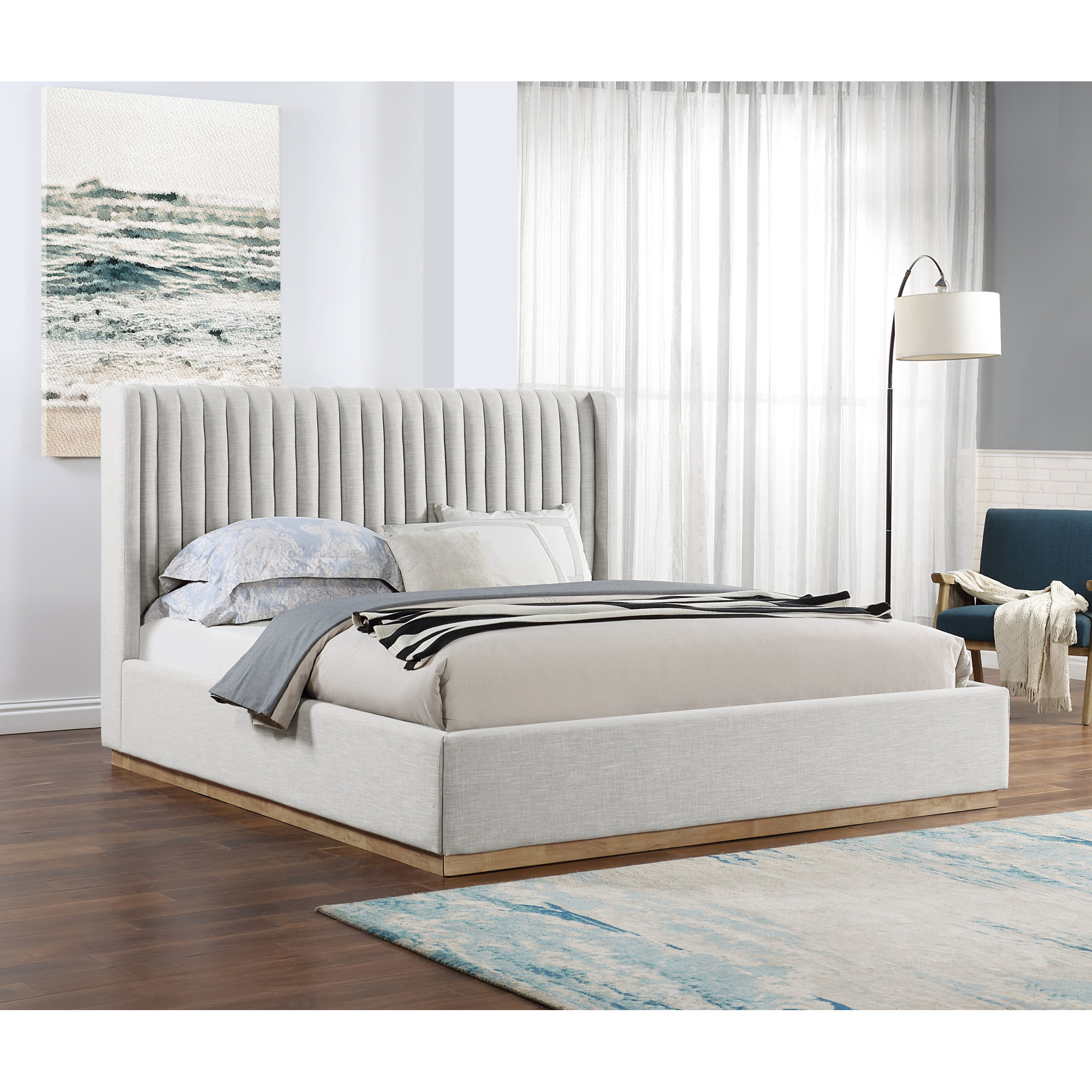 Chamblis Upholstered Wingback Bed, Cream Linen Textured Fabric, King