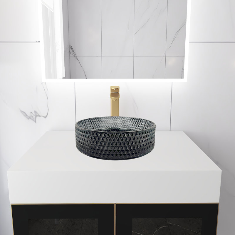 Meuble-lavabo mural moderne de luxe avec comptoir à surface solide de 30 po et vasque ronde en verre, Noir