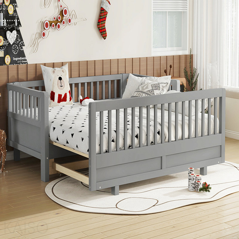 Lit plateforme simple avec garde-corps, structure de lit simple en bois massif, peut être converti en lit plateforme double gris