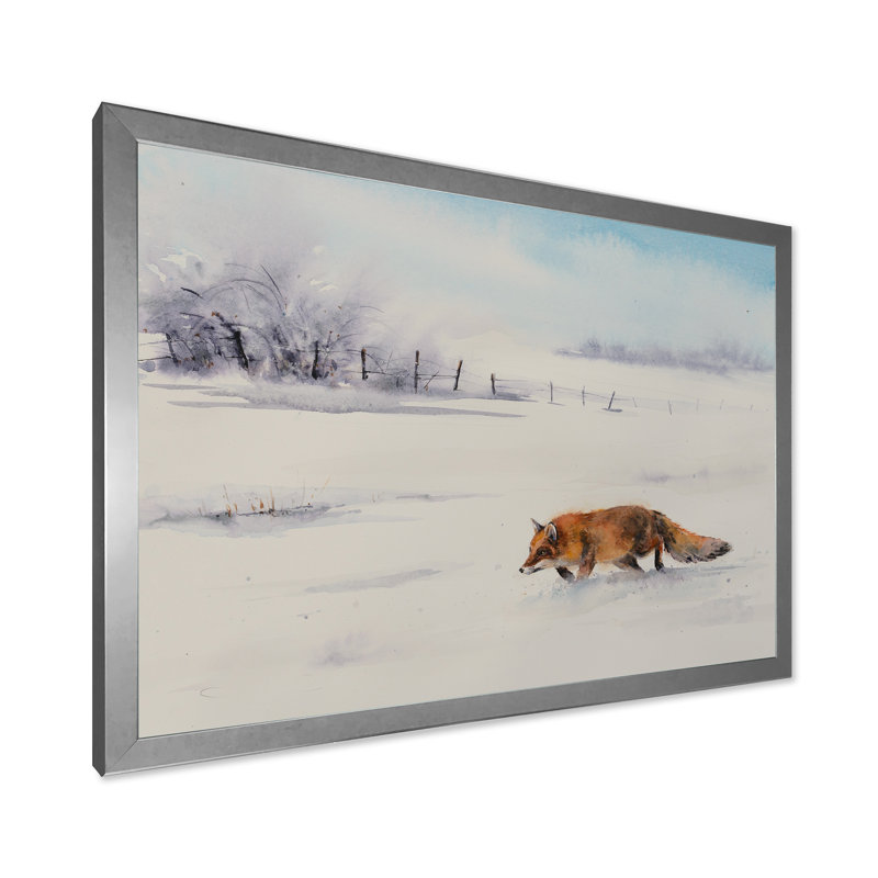 Renard roux courant dans la neige blanche I - Peinture sur toile, H 16 po x l 32 po x P 1,5 po, Toile encadrée argentée