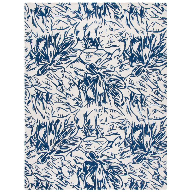 Romon Hand Tufted Wool/Cotton Floral Rug in Ivory/Blue, Rectangle 8' x 10'